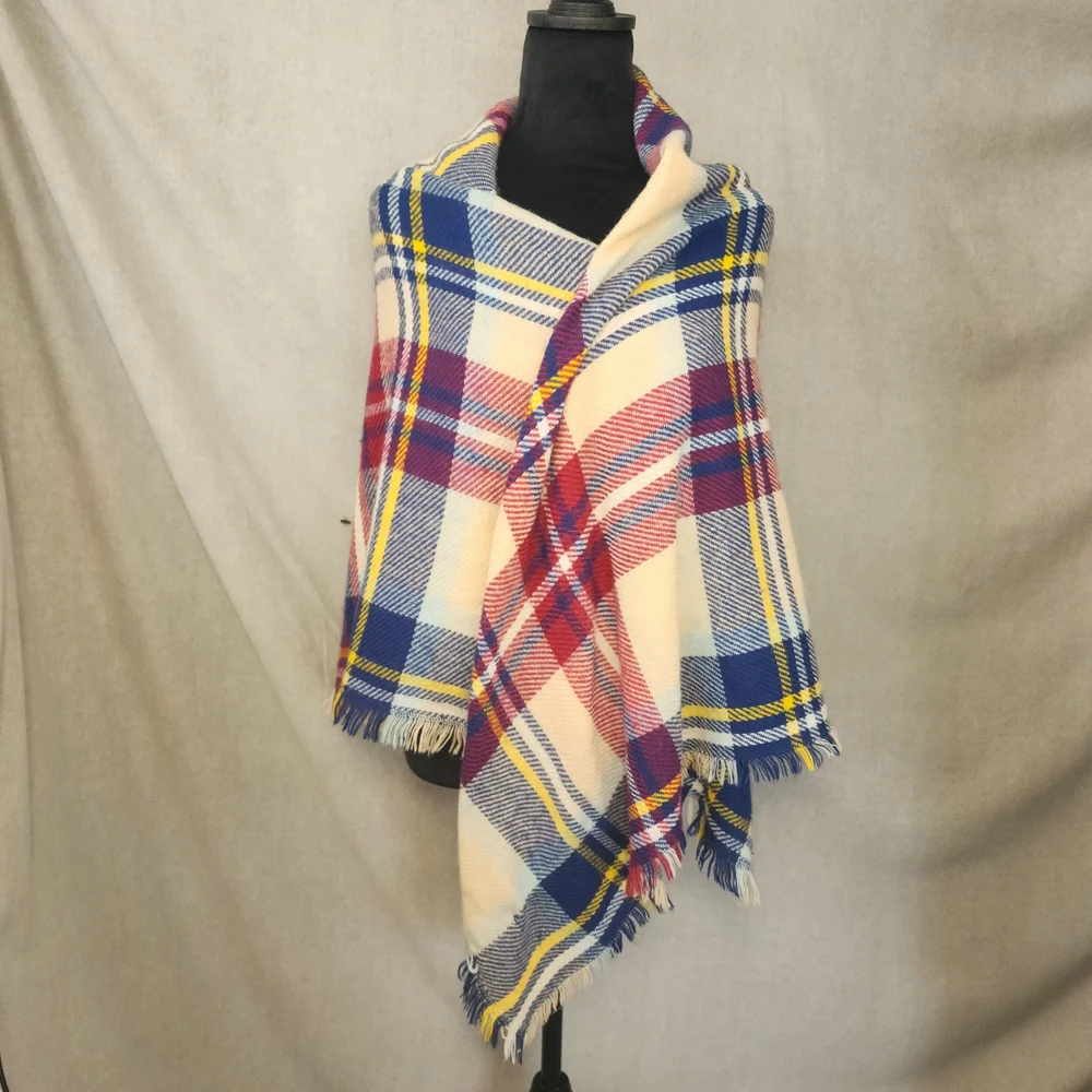 Women's Plaid Red Blue Yellow Tan Large Blanket Wrap Shawl Scarf